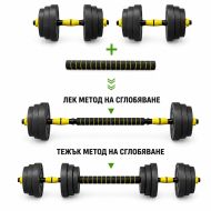 Дъмбели MAXIMA, Комплект 2x10 кг, 2 в 1, С допълнителен свързващ лост за удължаване /310528/